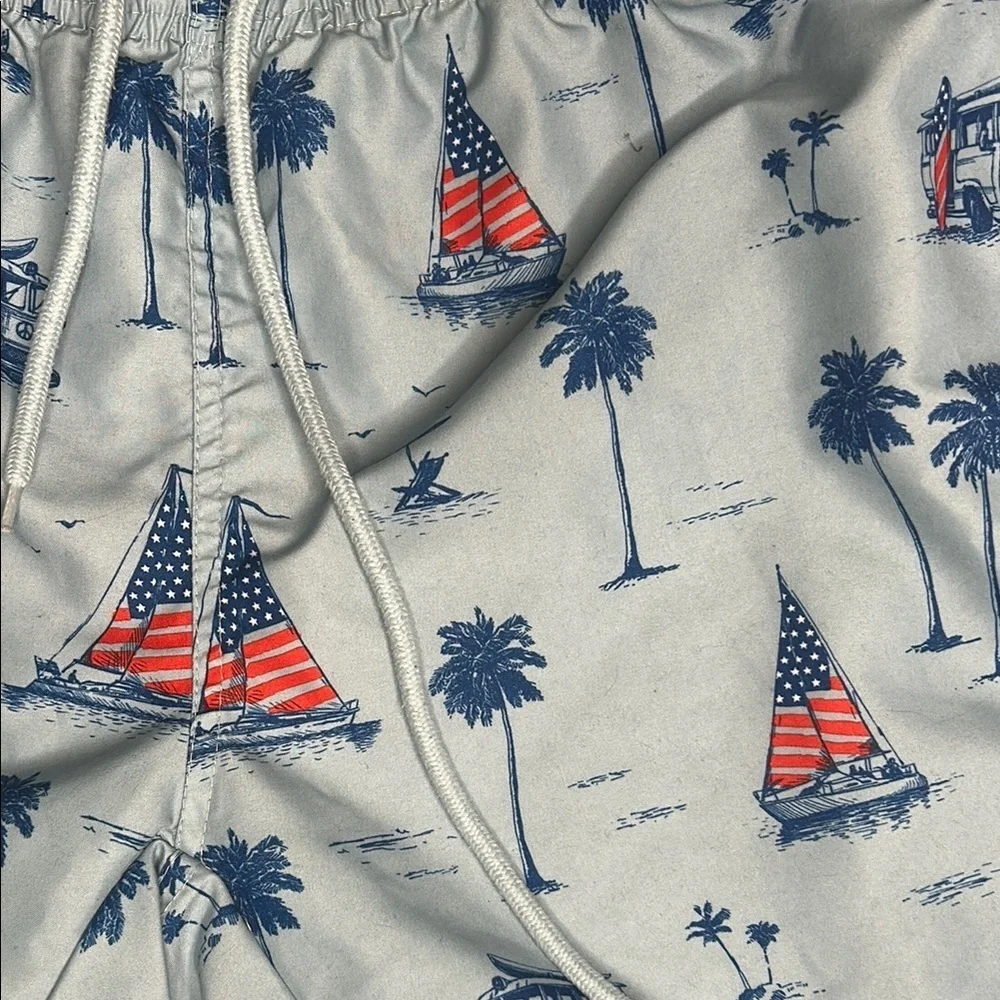 Free Planet Men's Swim Trunks with Palm Tree and Sailboat Print